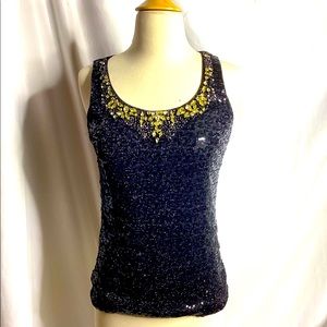 Cache Sequin rhinestone top - yellow and clear  black sequin -sleeveless - XS